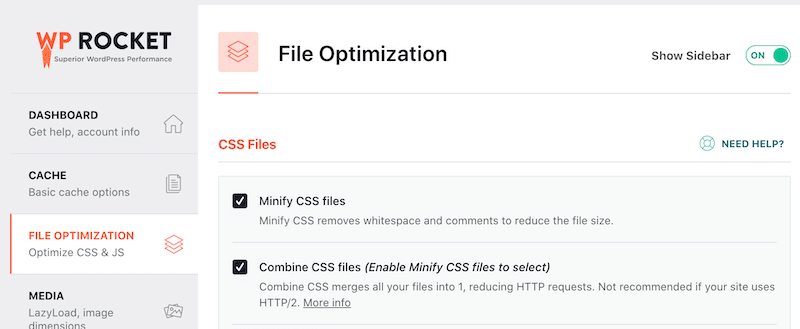 Minifying and Combining my CSS files with WP Rocket (note: if you scroll, you have the same section for JS)