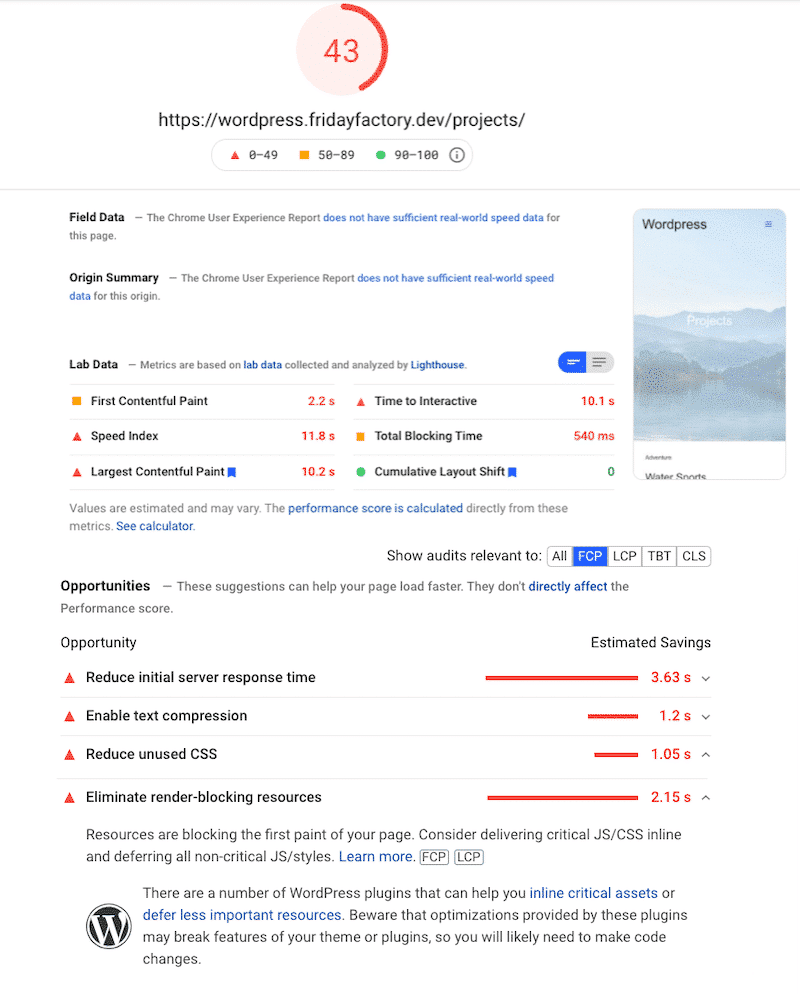 My WordPress site score on mobile (no WP Rocket) - Source: PSI