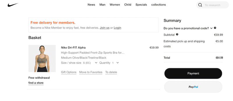 Nike offering Paypal and credit card payment with a clear delivery policy - Source: Nike.fr