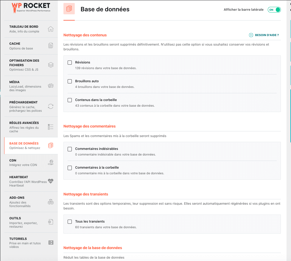 Optimisation de la base de données - Tableau de bord WP Rocket