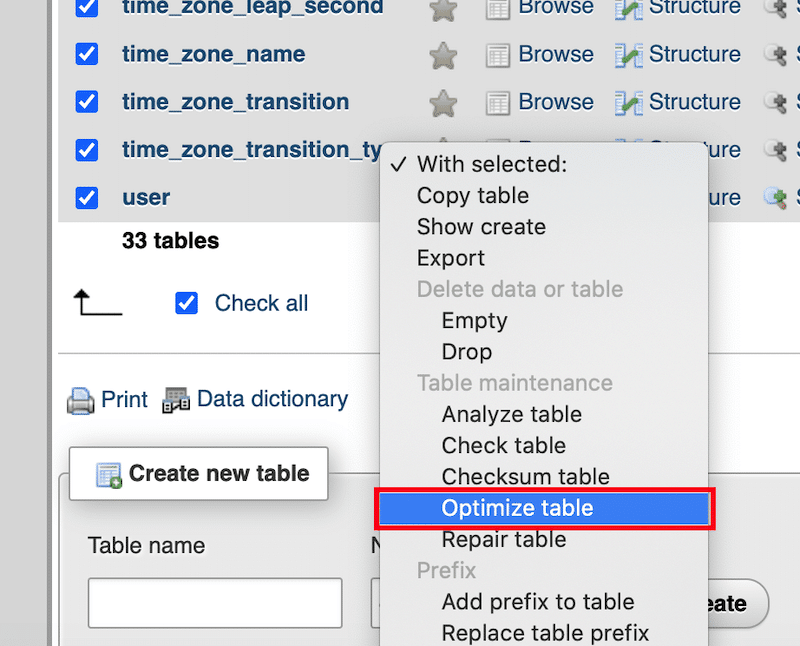 Optimize table manually – Source: PHPmyAdmin