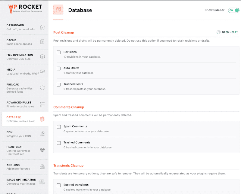 Optimize database – WP Rocket dashboard