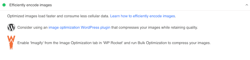 PageSpeed Insights recommends enabling Imagify to optimize your images in bulk - Source: PSI