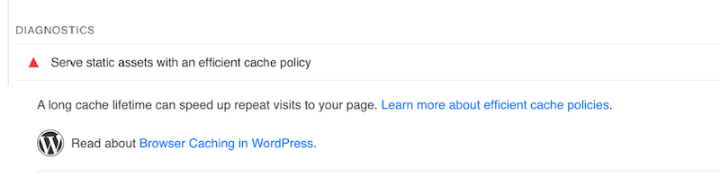 PageSpeed recommends implementing caching to boost performance - Source: PageSpeed Insights