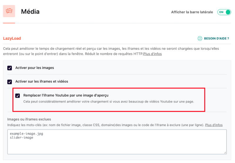 Paramètres YouTube - Source : Tableau de bord de WP Rocket