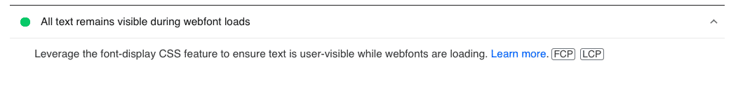 Passed audit: webfont is using font-display:swap - Source: PageSpeed Insights