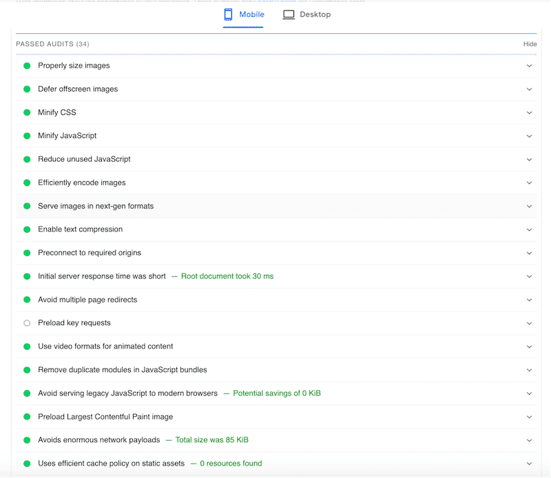 Passed audits with WP Rocket - Source: PageSpeed Insights