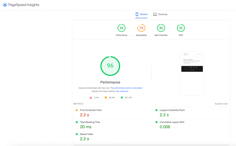 Performance report - Source: Google PageSpeed Insights