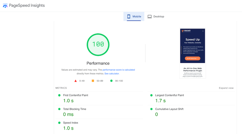 Performance score - Source: PageSpeed Insights