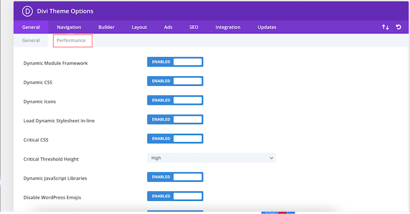 Performance tab - Source: Divi