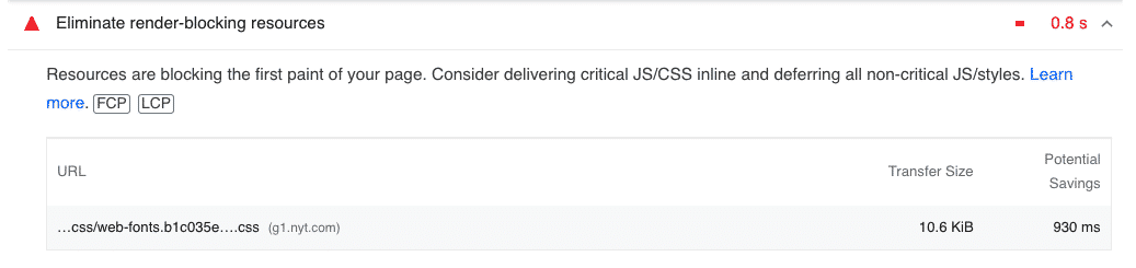 Potential savings if we eliminate render-blocking resources related to web font CSS- Source: PageSpeed Insights