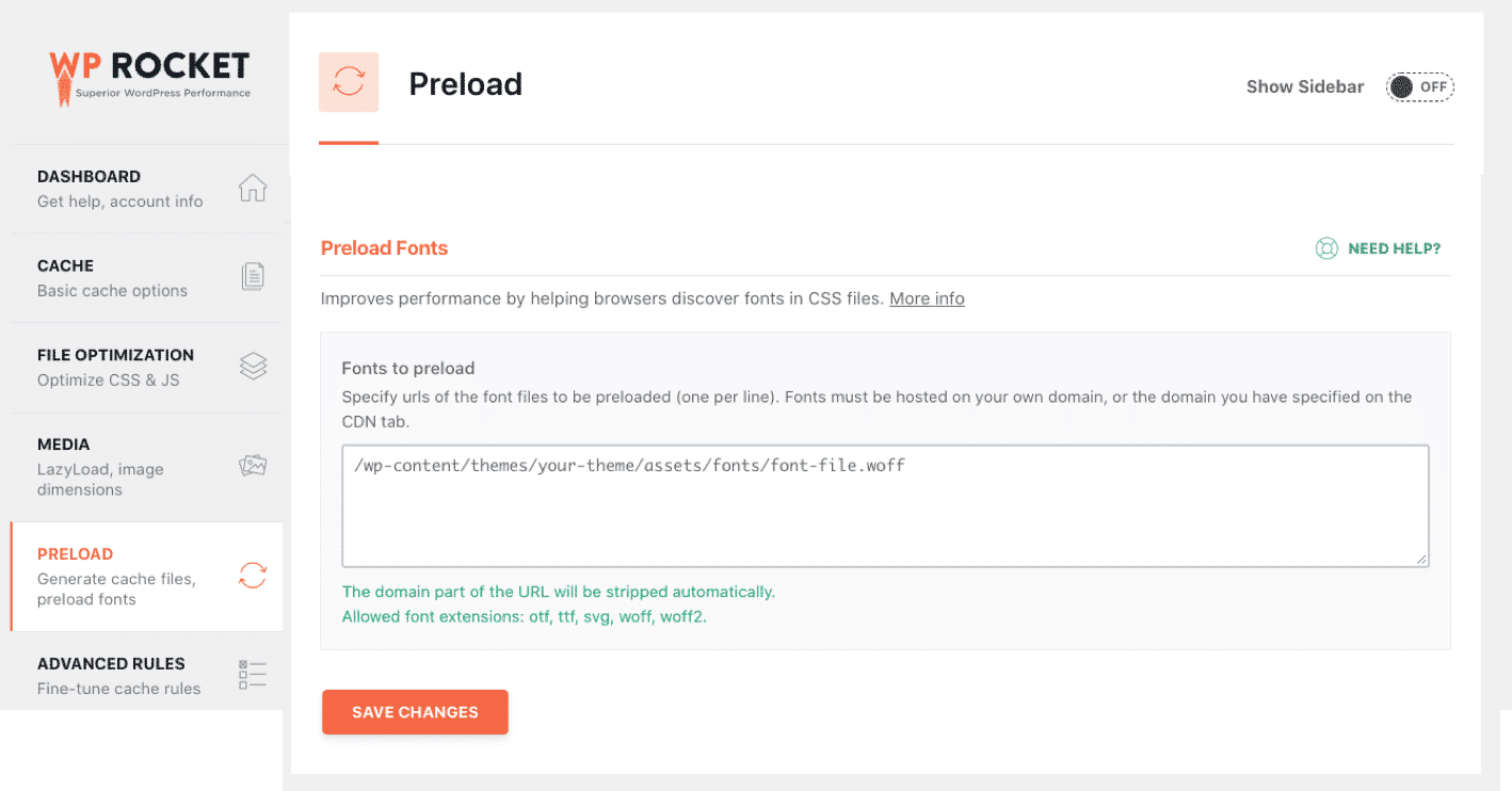 Preload fonts section - Source: WP Rocket’s WordPress dashboard