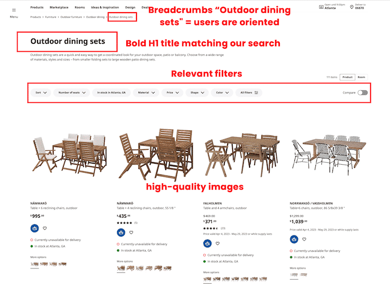 Product listing pages (CLP) - Source: Ikea