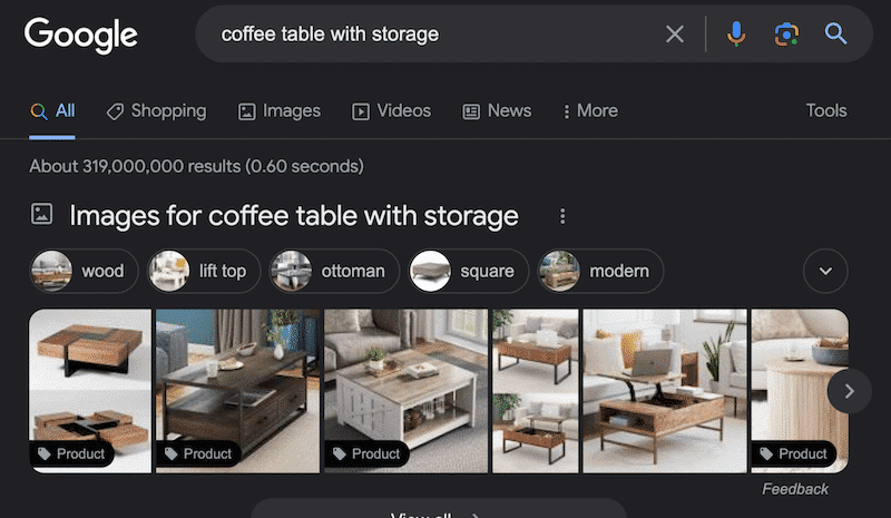 Products displayed in the first enhanced results (schema markups) - Source: Google search results