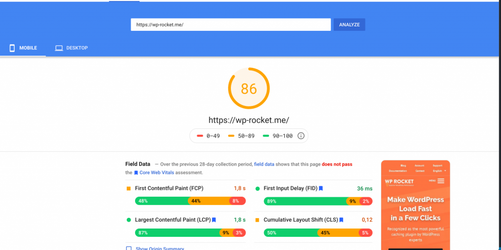 PageSpeed score for WP Rocket’s mobile site after delaying JS execution time