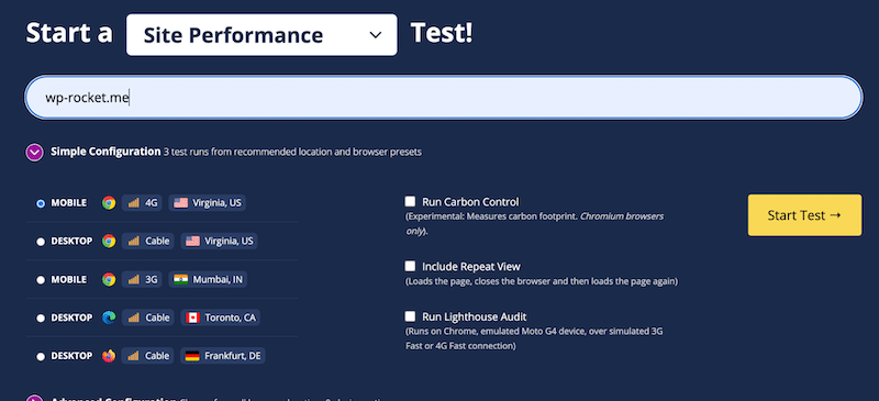 Running a performance test - Source: WebPageTest