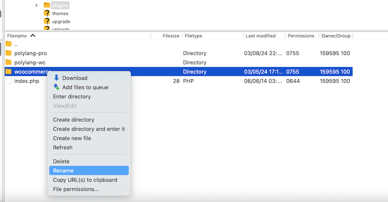 Select and right-click the plugin you wish to deactivate - Source: FTP
