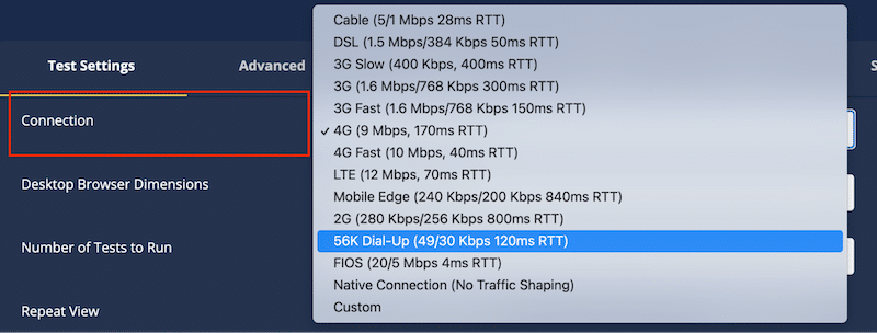 Selecting different connection types to evaluate mobile performance - Source: WebPageTest