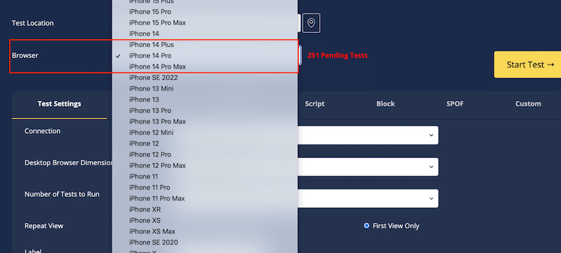 Selecting different device types to evaluate mobile performance - Source: WebPageTest