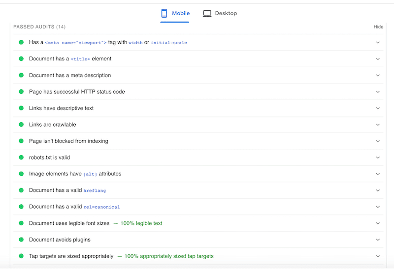 SEO checks by Google - Source: PageSpeed Insights