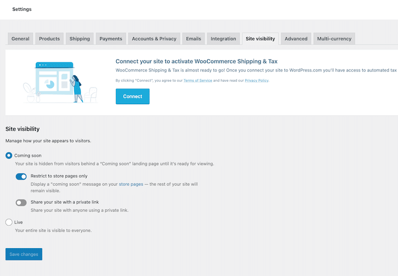 Site visibility tab - Source: WooCommerce dashboard