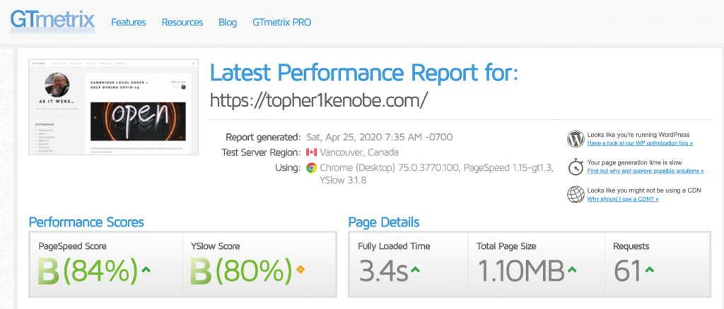 Topher personal website: GTMetrix results with the host’s built-in caching
