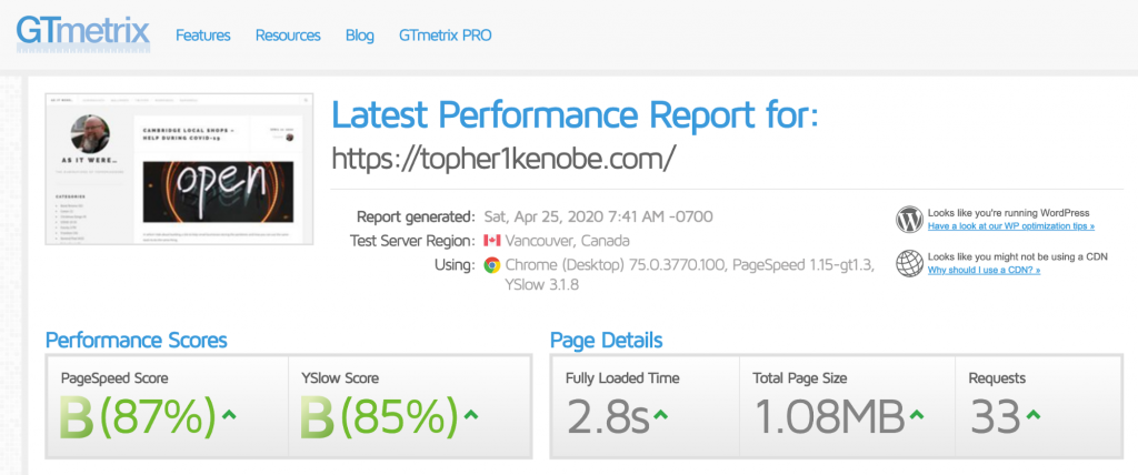 Topher personal website: GTMetrix results with WP Rocket only
