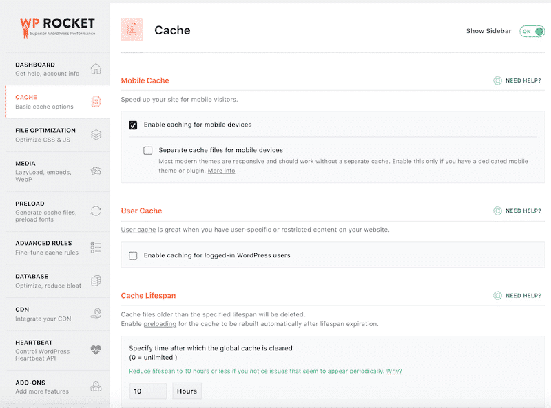 Tableau de bord de WP Rocket sur WordPress