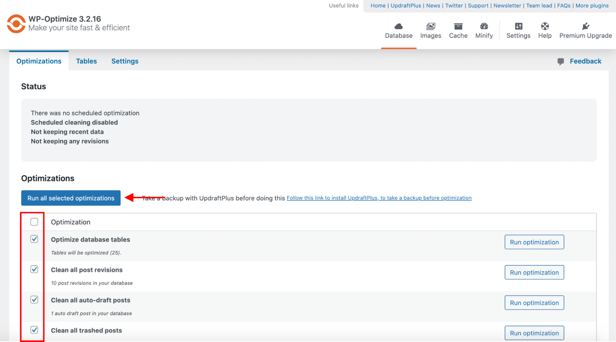 The database optimization tab - Source: WP-Optimize