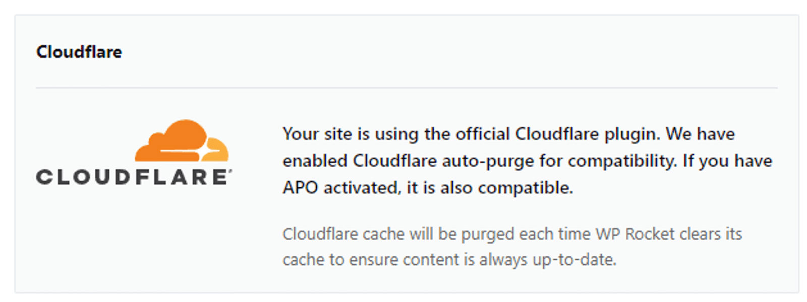 Le message de confirmation que le plugin Cloudflare fonctionne avec une compatibilité totale.