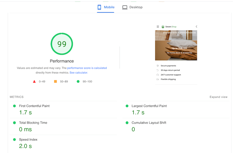 The7 test site scores 99/100 with WP Rocket - Source: PageSpeed Insights