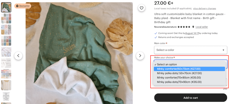 Transparent pricing to avoid card abandonment - Source: Etsy