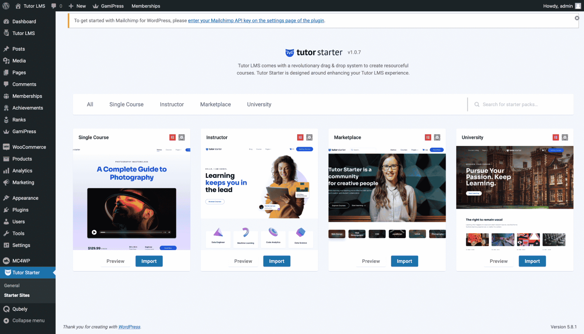 Tutor Starter demo sites