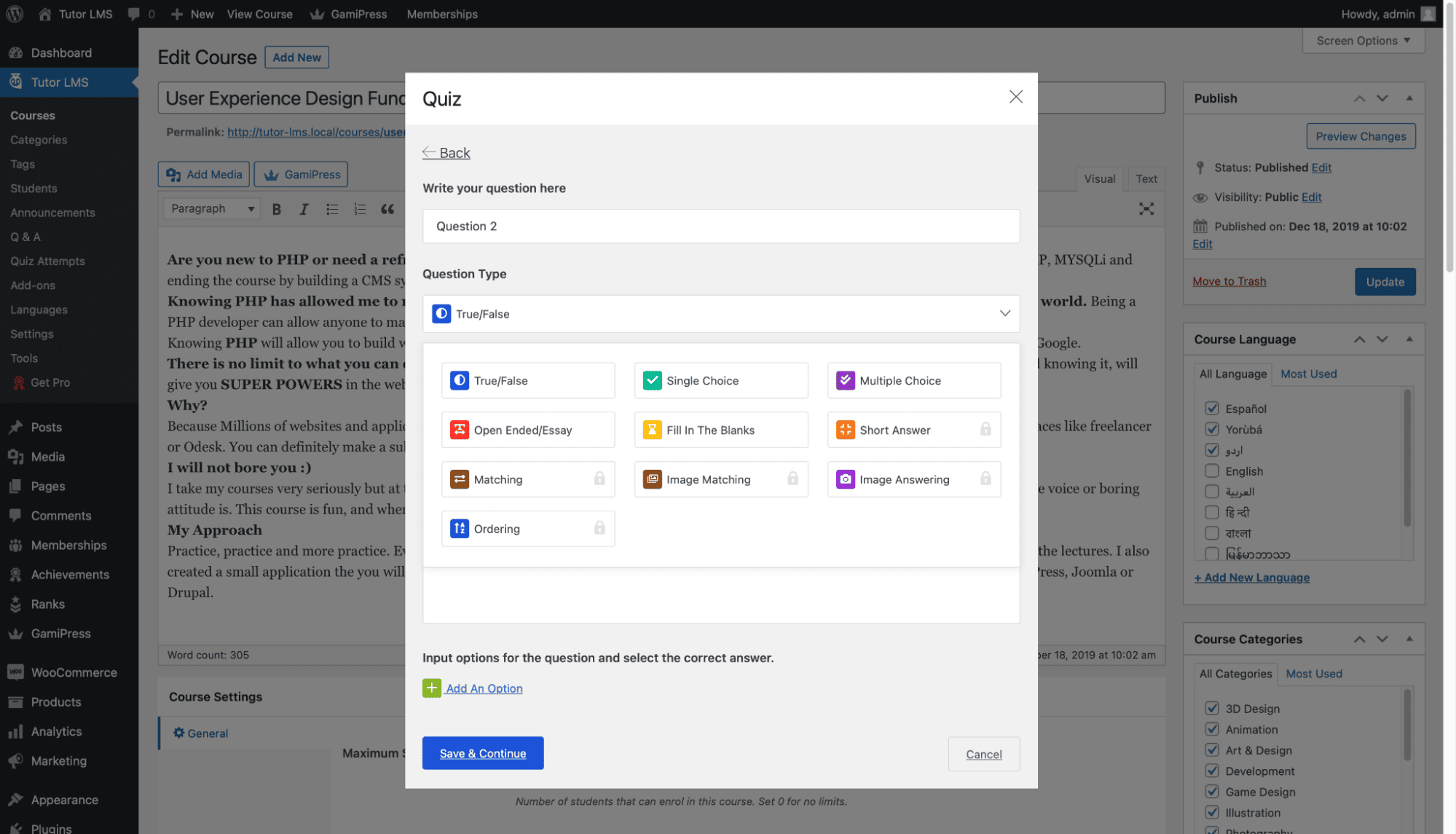 Types of questions on the quiz builder