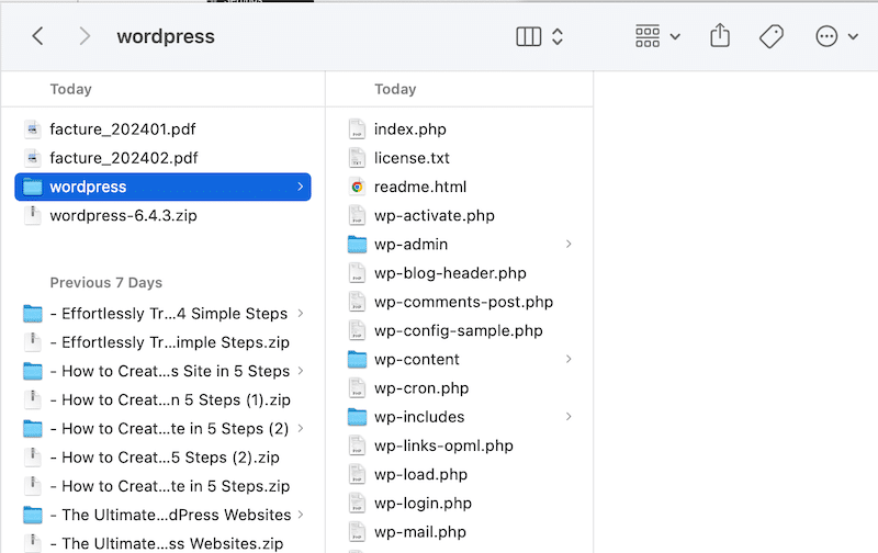 Unzip WordPress - Source: My local desktop