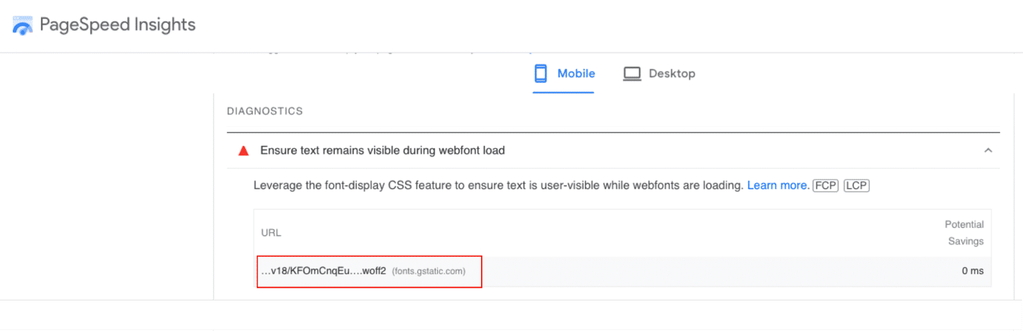 URL on your site using a font URL that is flashing invisible text - Source: PSI