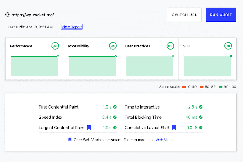WP Rocket audit (all the metrics are green) – Source: Web.dev