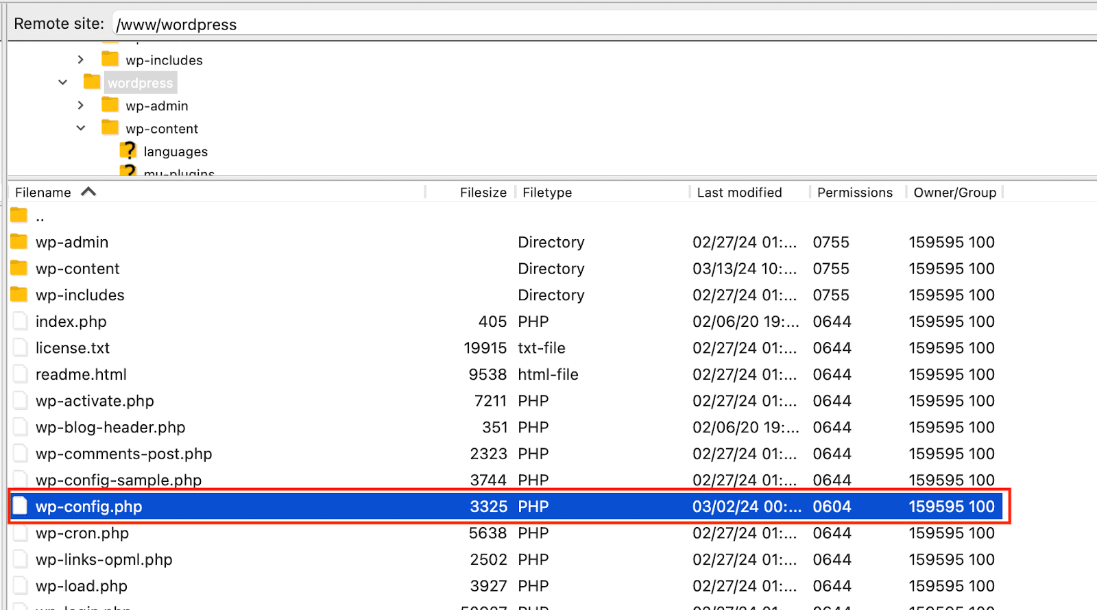 wp-config.php file - Source: FTP