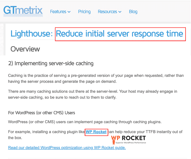 WP Rocket is recommended by GTmetrix to reduce initial server response time - Source: GTmetrix