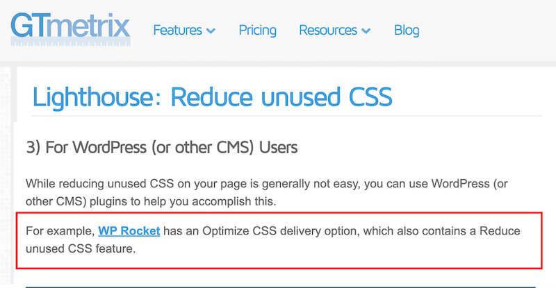 WP Rocket is recommended by GTmetrix to reduce unused CSS - Source: GTmetrix