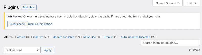 WP Rocket warning suggesting clearing the cache - Source: WP Rocket