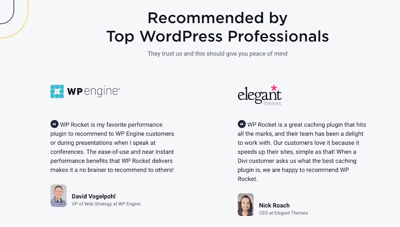 WP Rocket’s reviews from Top WordPress Professionals - Source: WP Rocket’s official site